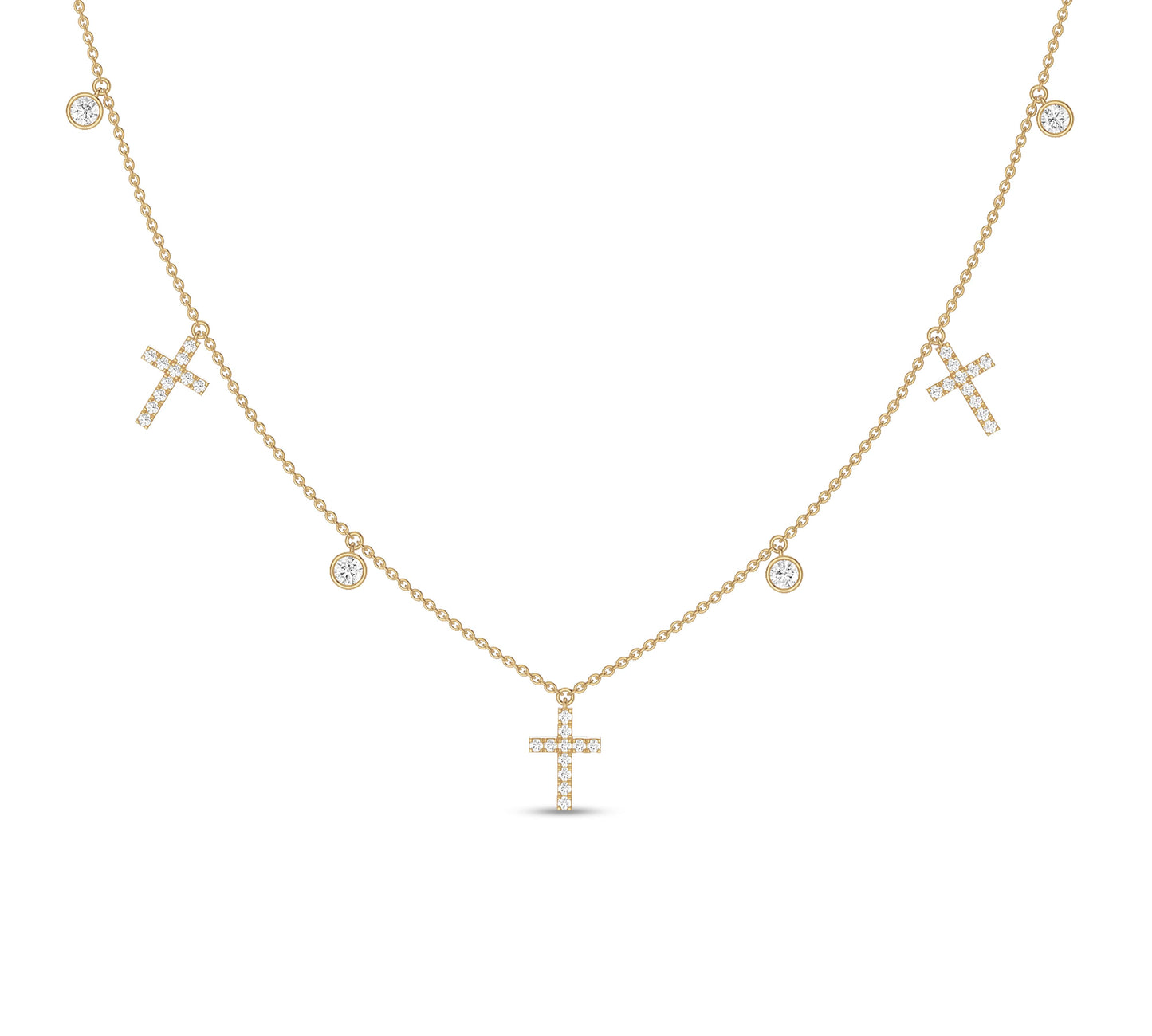 Yellow gold necklace with cross and bezel-set diamonds