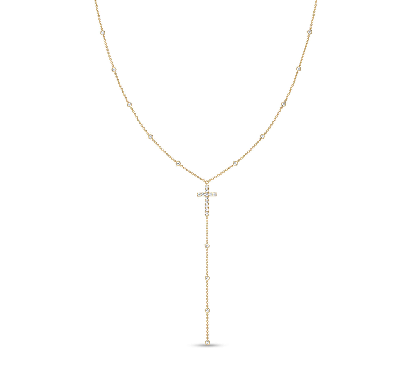 Lariat diamond cross necklace in yellow gold
