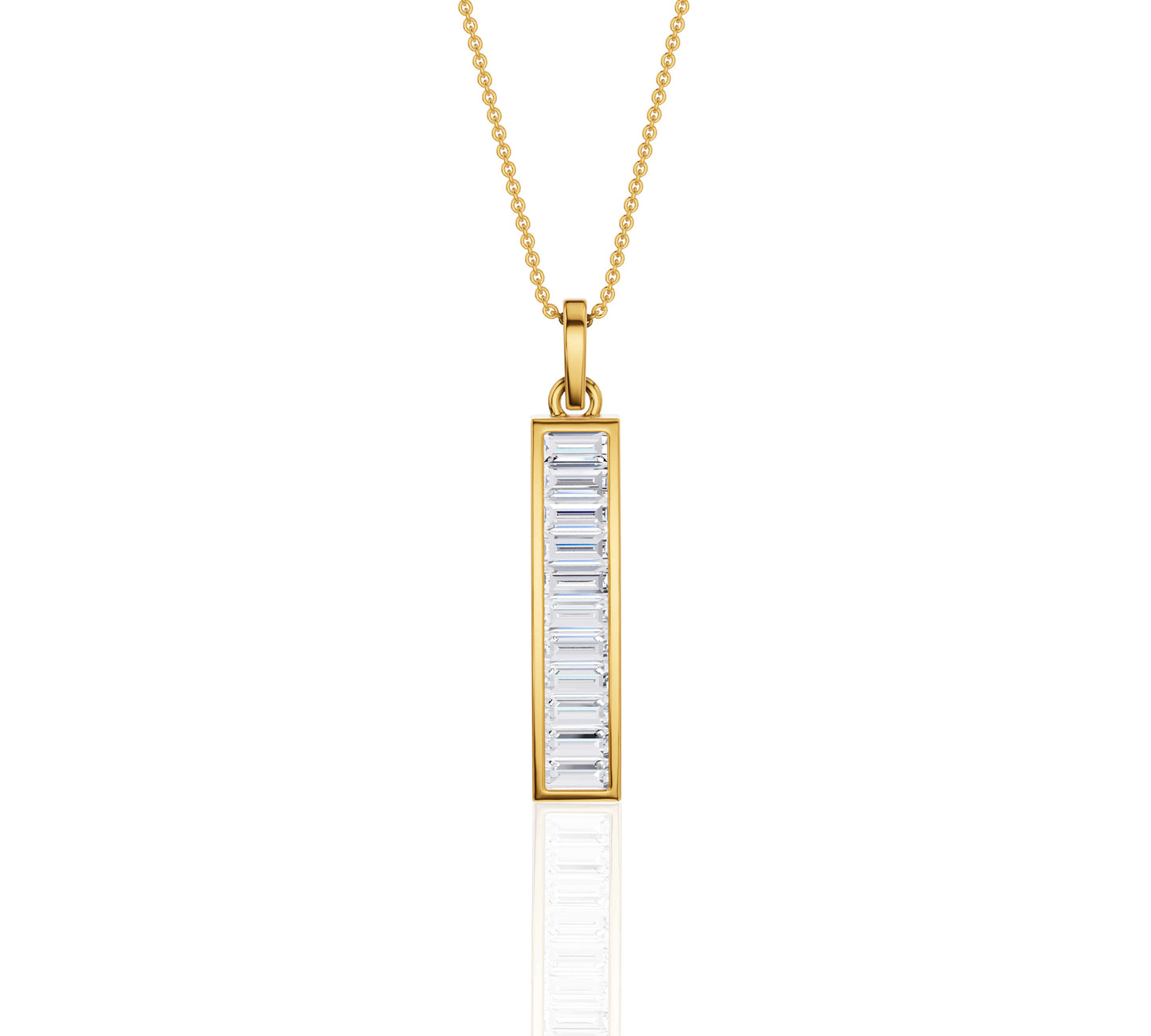 Vertical gold pendant necklace with baguette diamonds