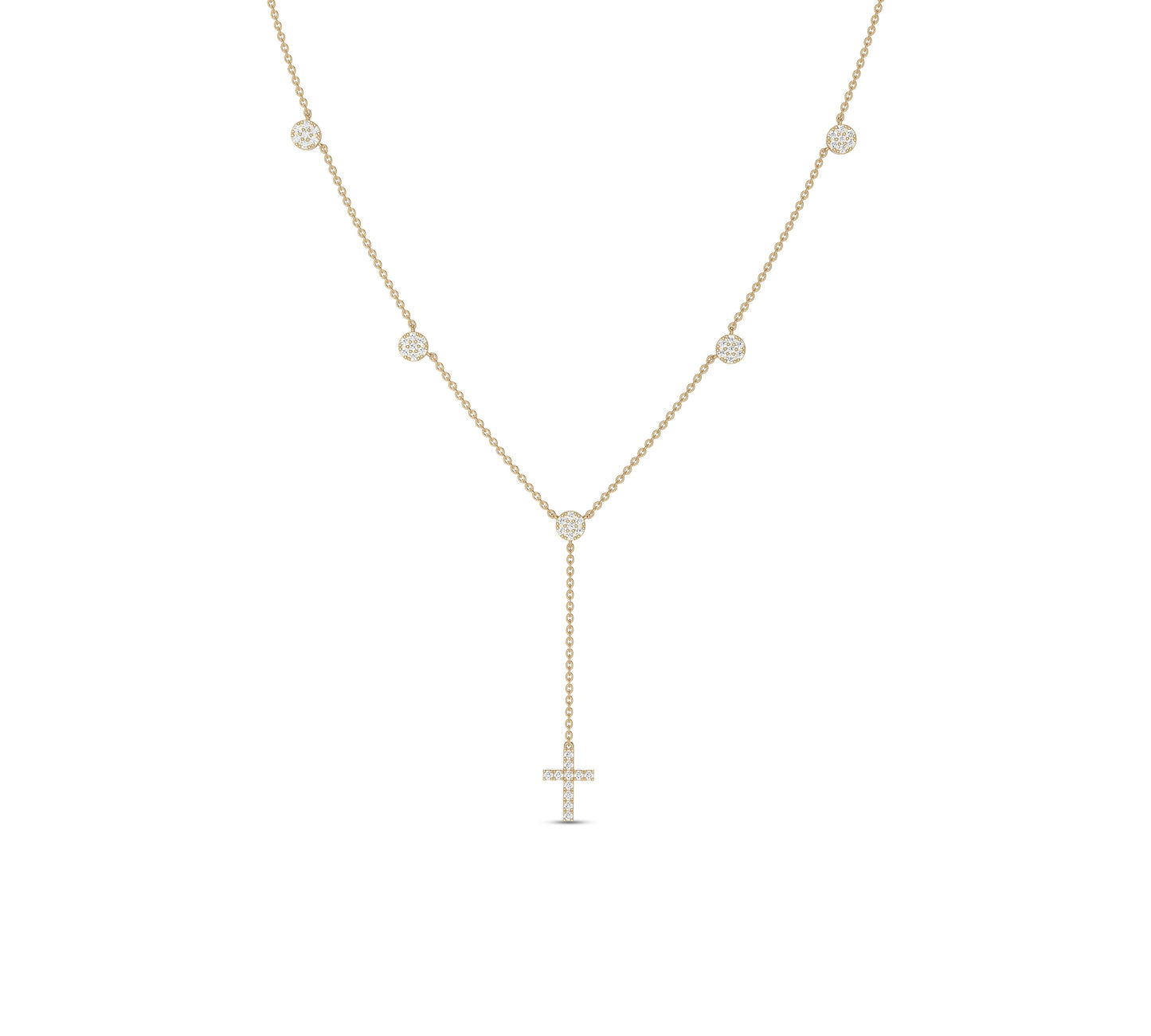 Yellow gold Y-lariat necklace with cross and bezel diamonds
