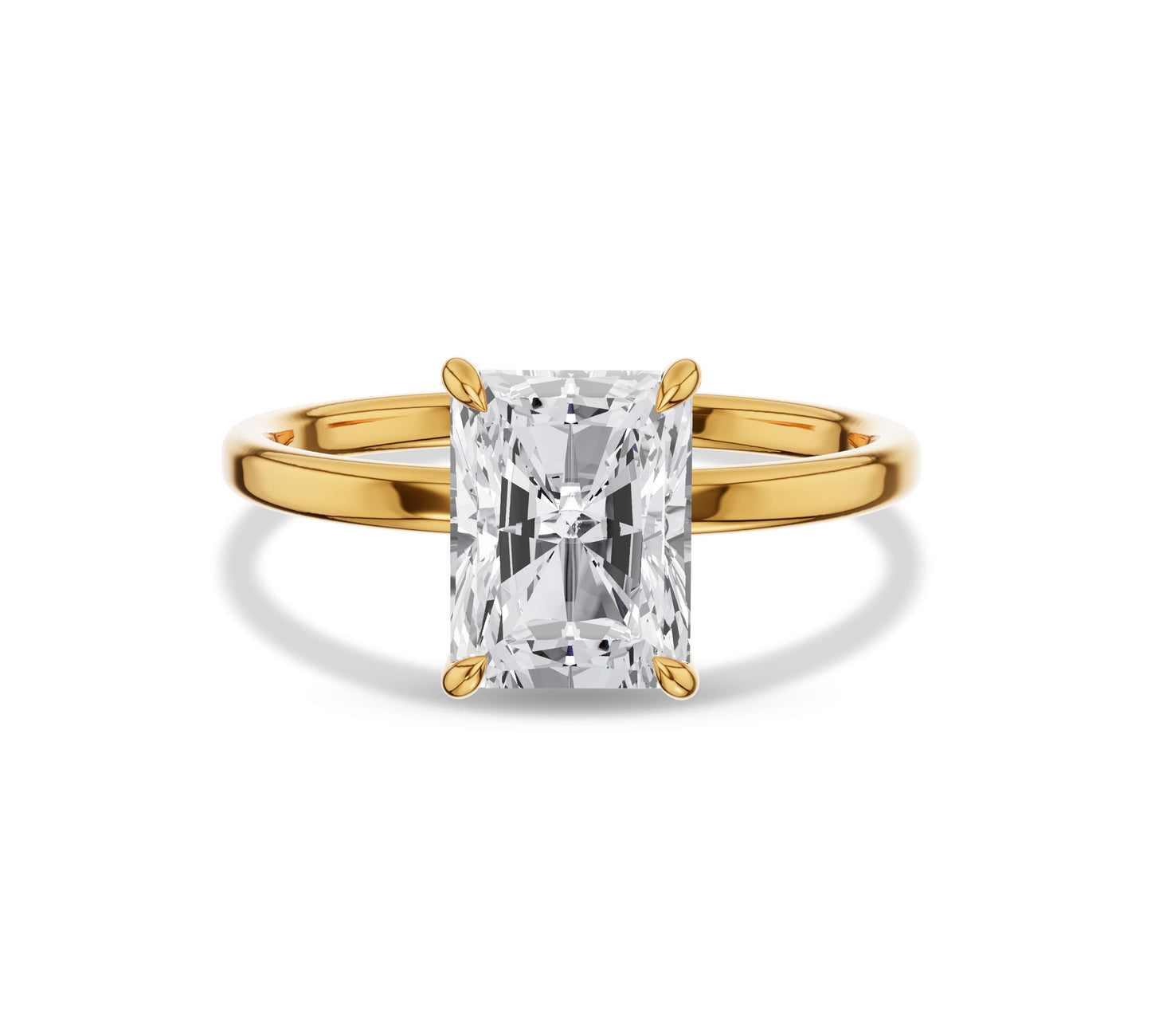 Solitaire radiant cut diamond ring with polished gold band