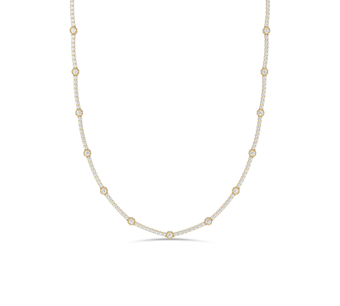 Dainty 14K yellow gold bezel diamond station necklace for women