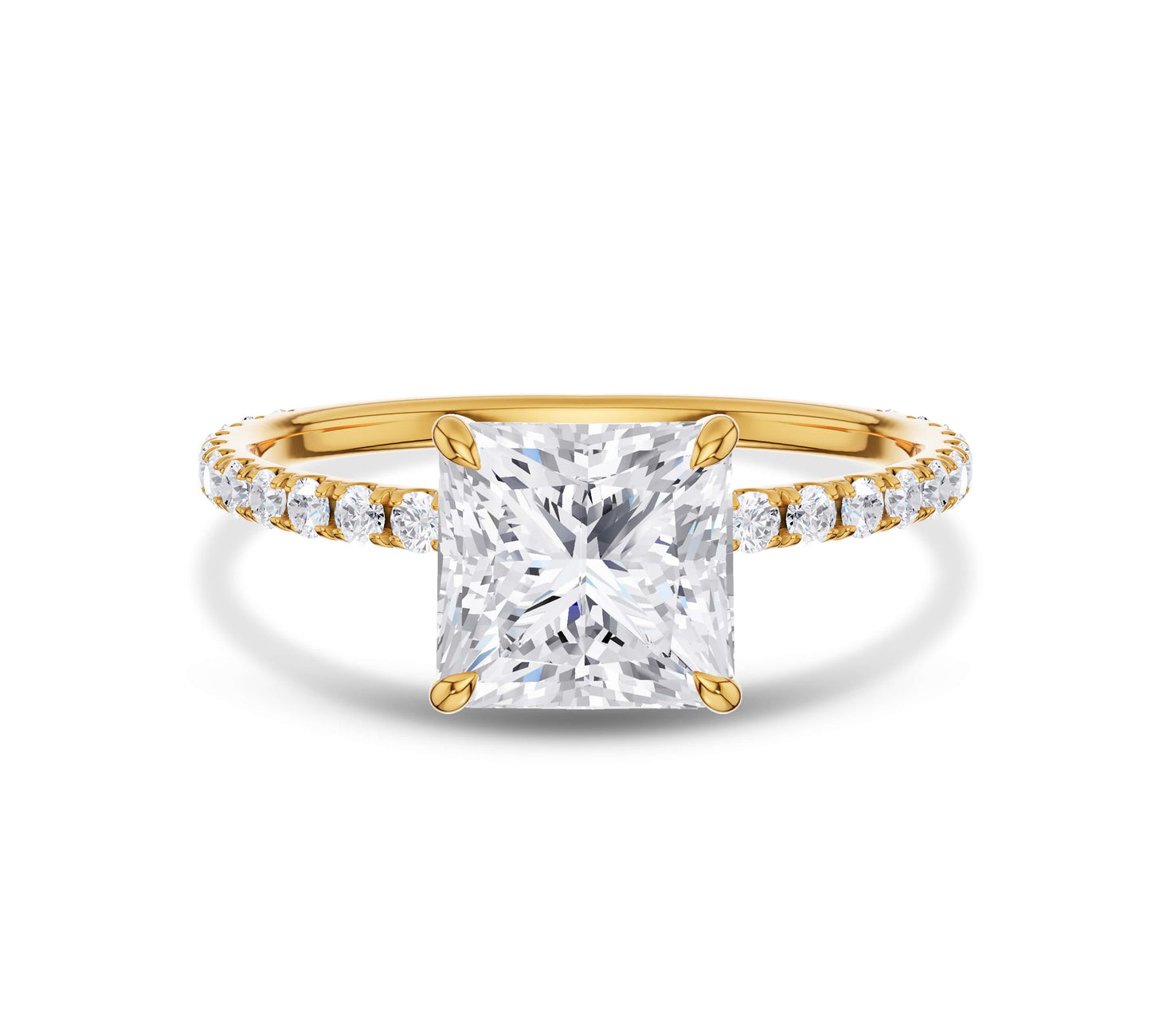 Pear shaped diamond ring with pavé band in yellow gold
