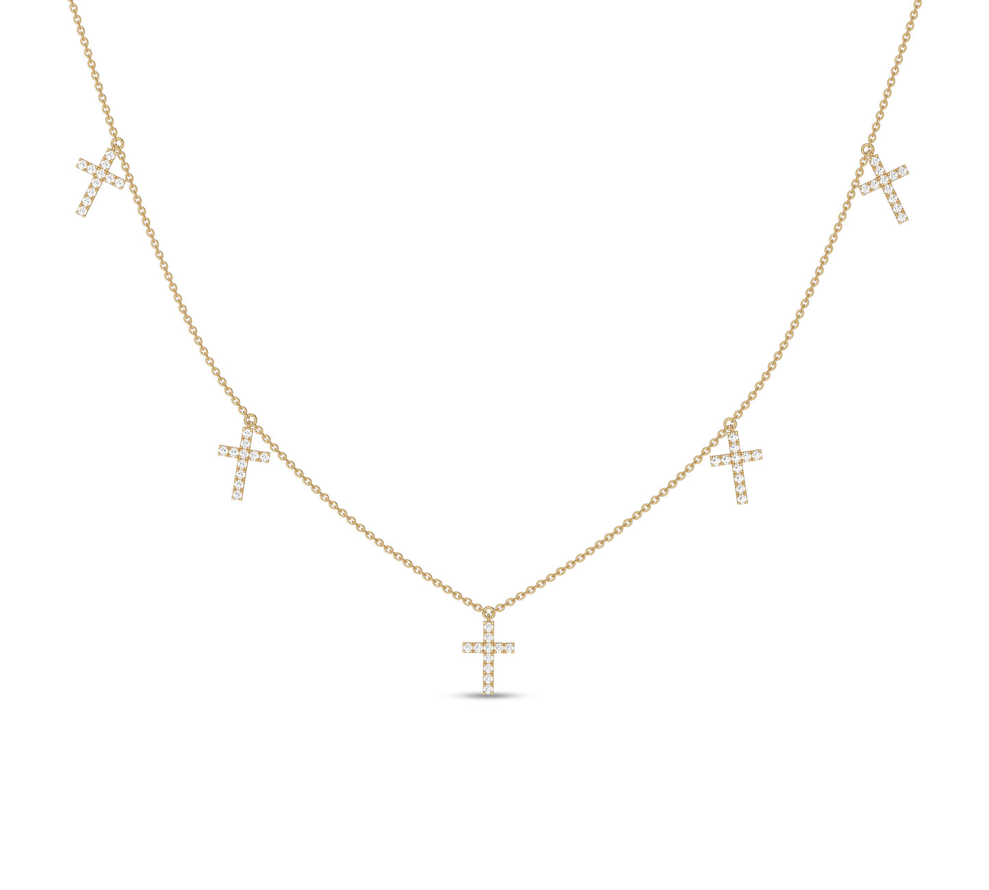 Yellow gold necklace with five diamond cross charms