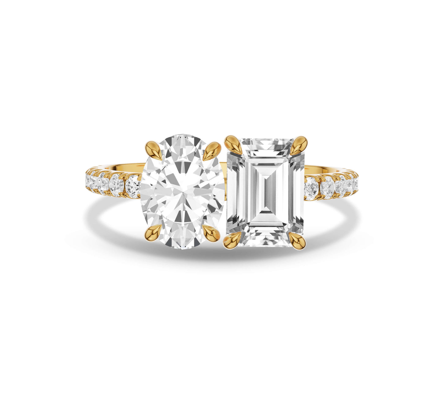 Yellow gold Toi et Moi diamond ring with oval and emerald cuts and pave band