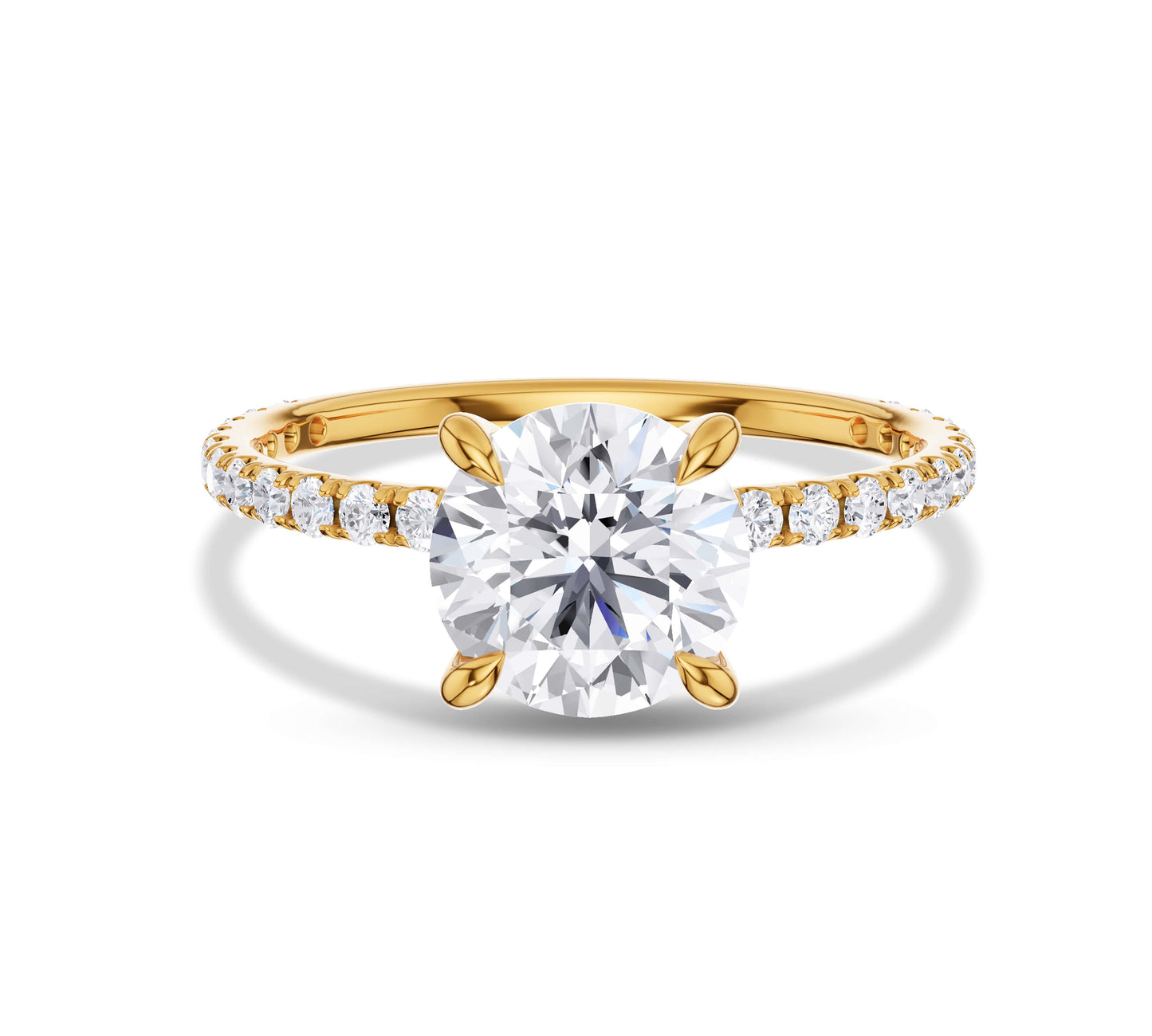 Round brilliant solitaire diamond ring with pavé gold band