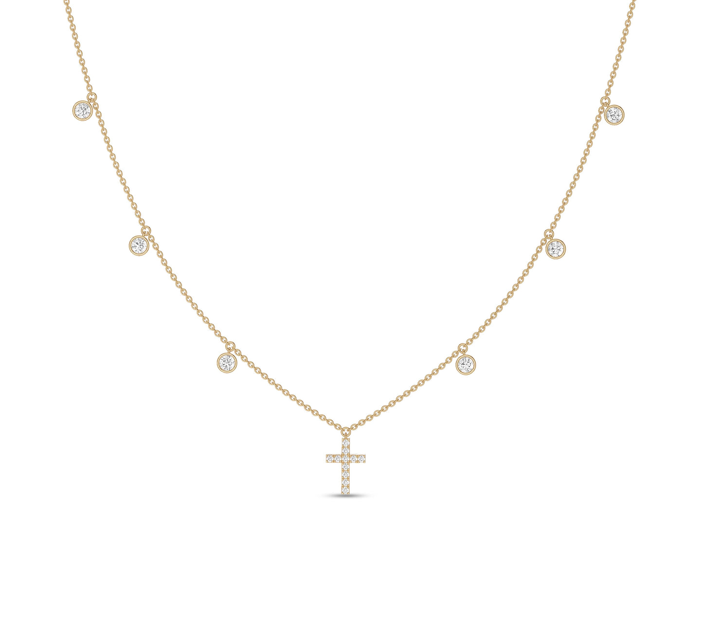 Yellow gold necklace with bezel-set diamonds and cross drop