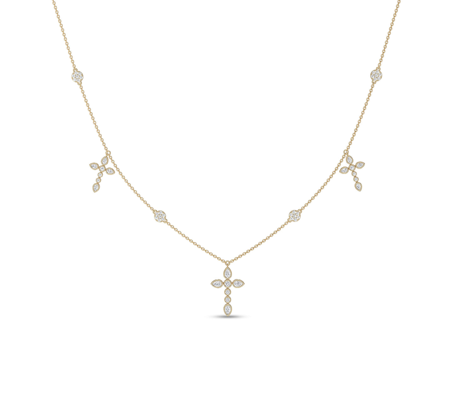 Yellow gold necklace with pear and round floral diamond cross