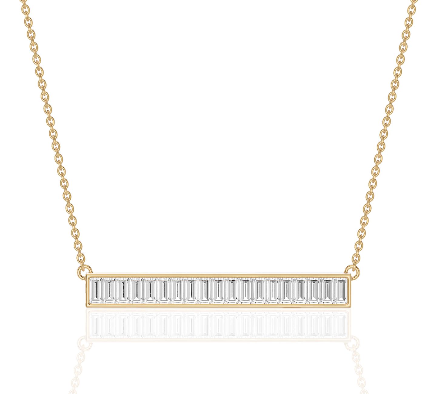 Baguette diamond horizontal bar necklace in fine yellow gold