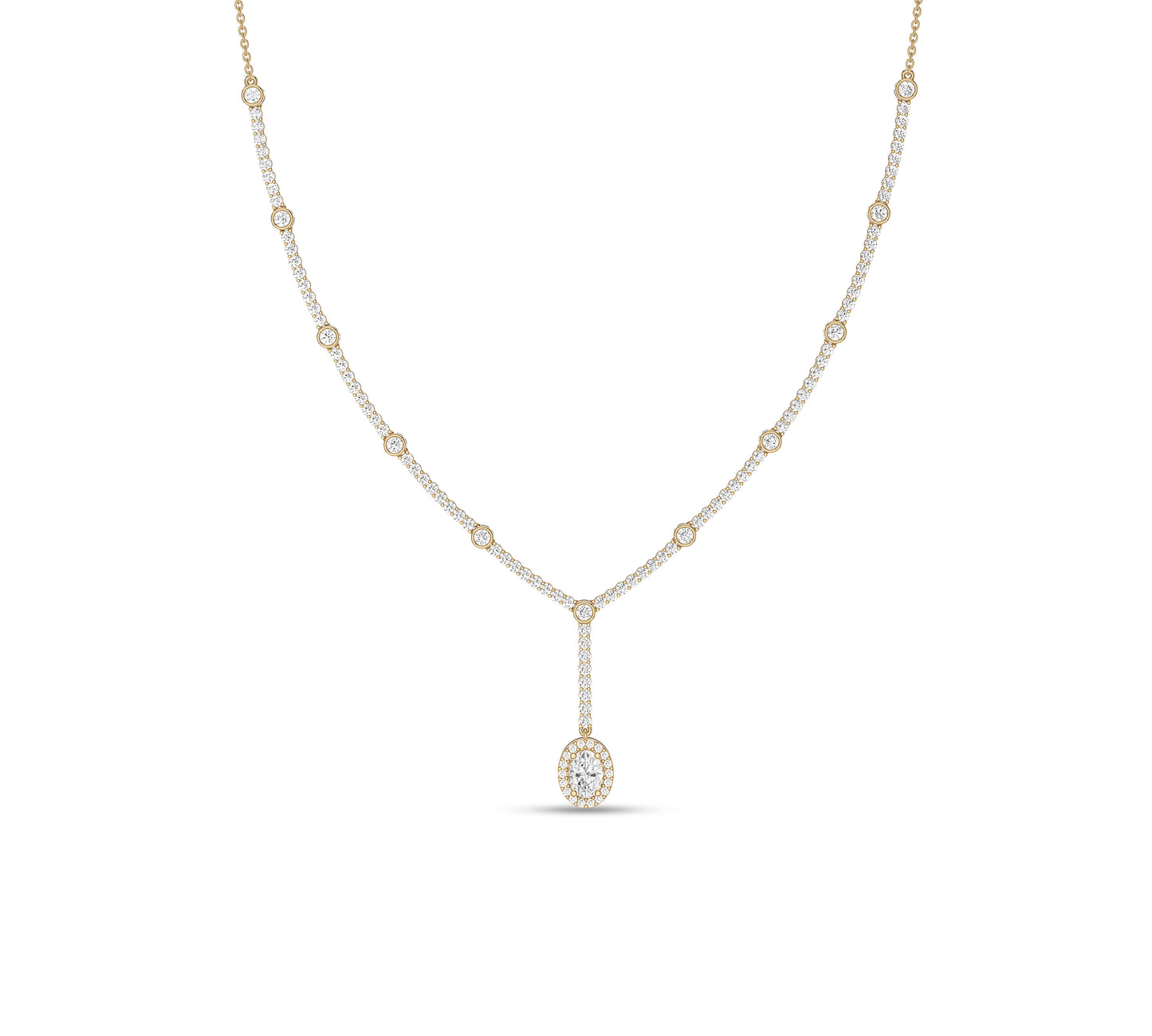 Oval drop diamond necklace with bezel set chain in yellow gold