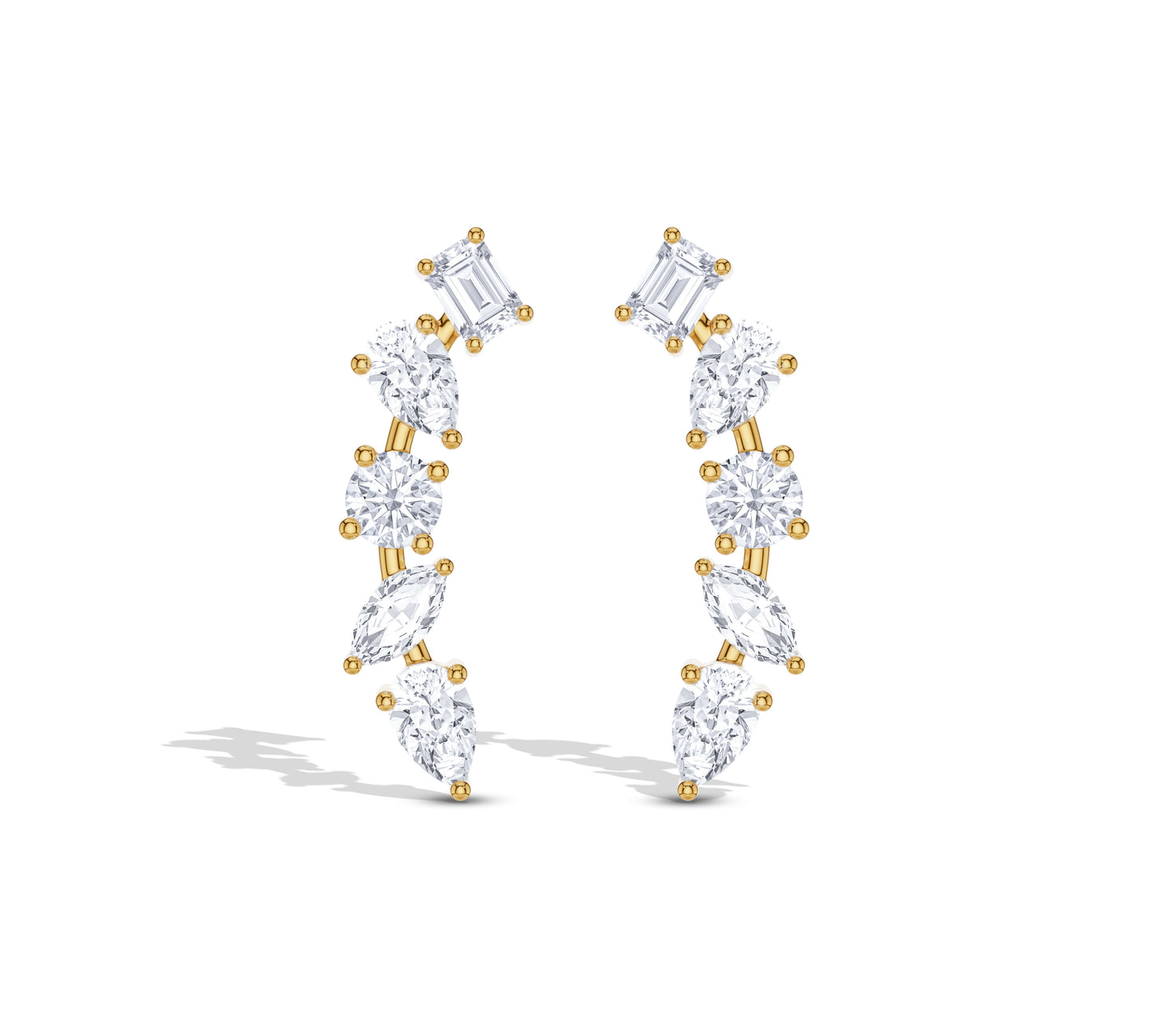 Climber earrings with pear and emerald diamonds