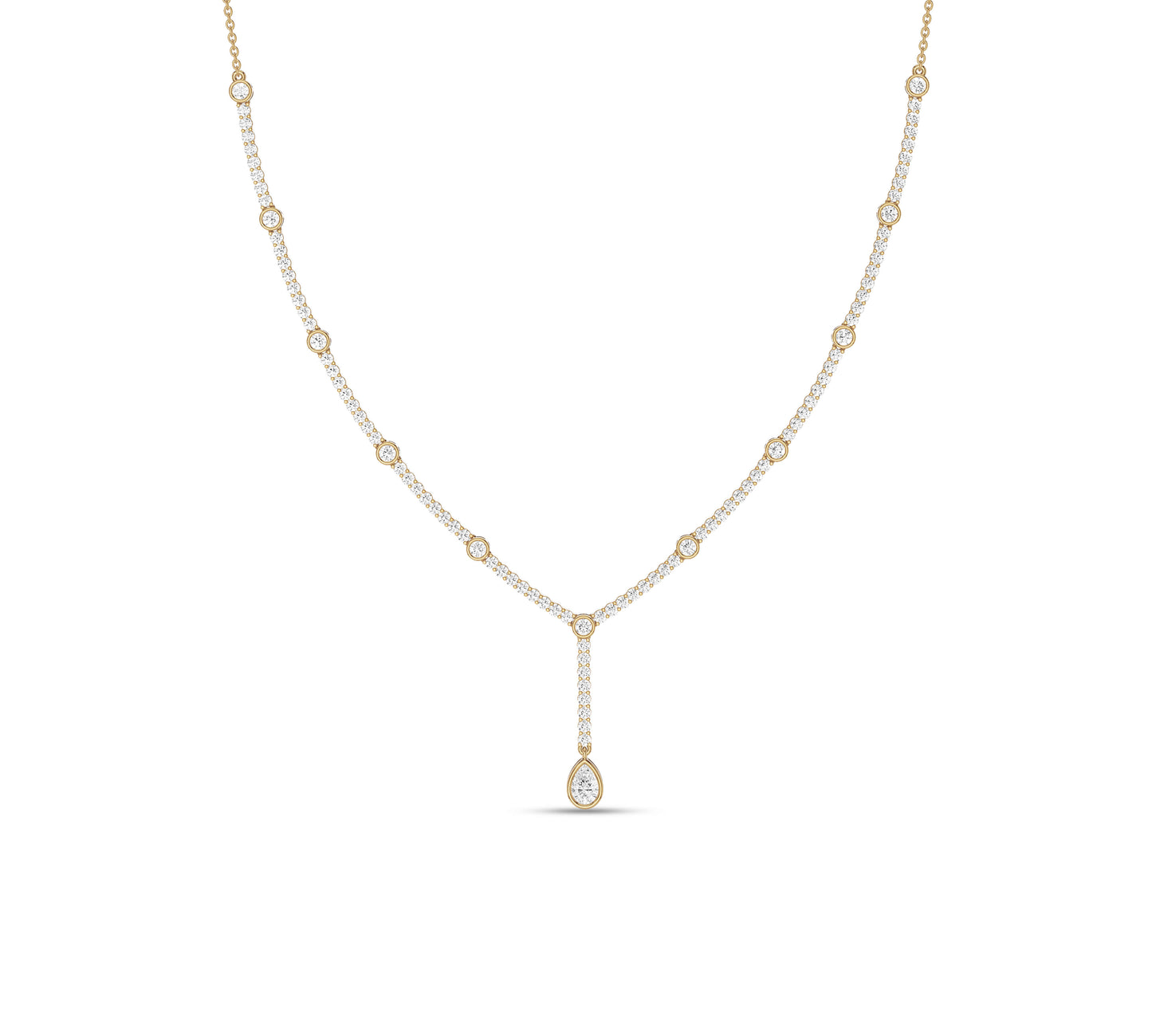 Y-shaped gold necklace with pear diamond pendant