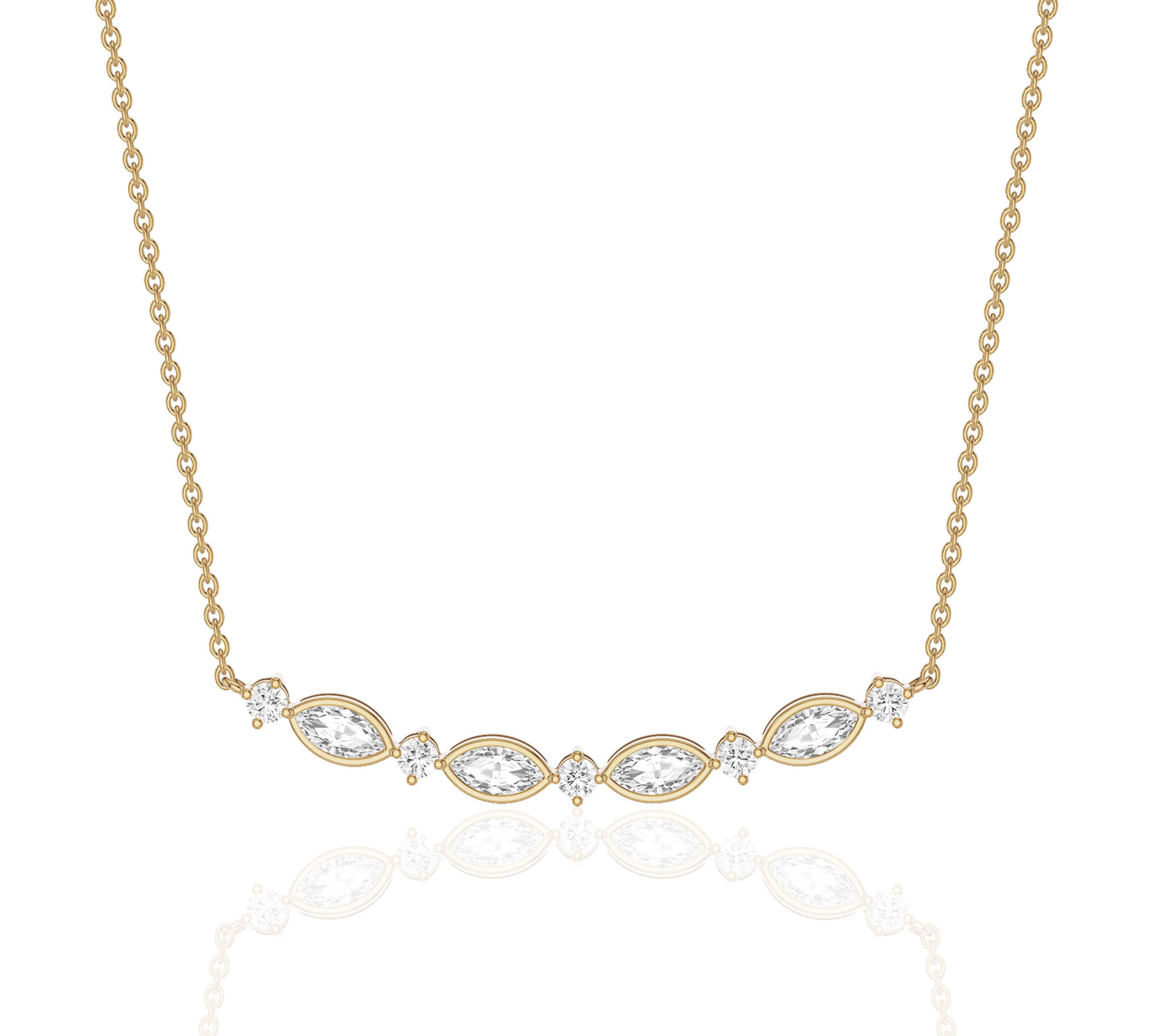 Curved rose gold necklace with marquise cut diamonds