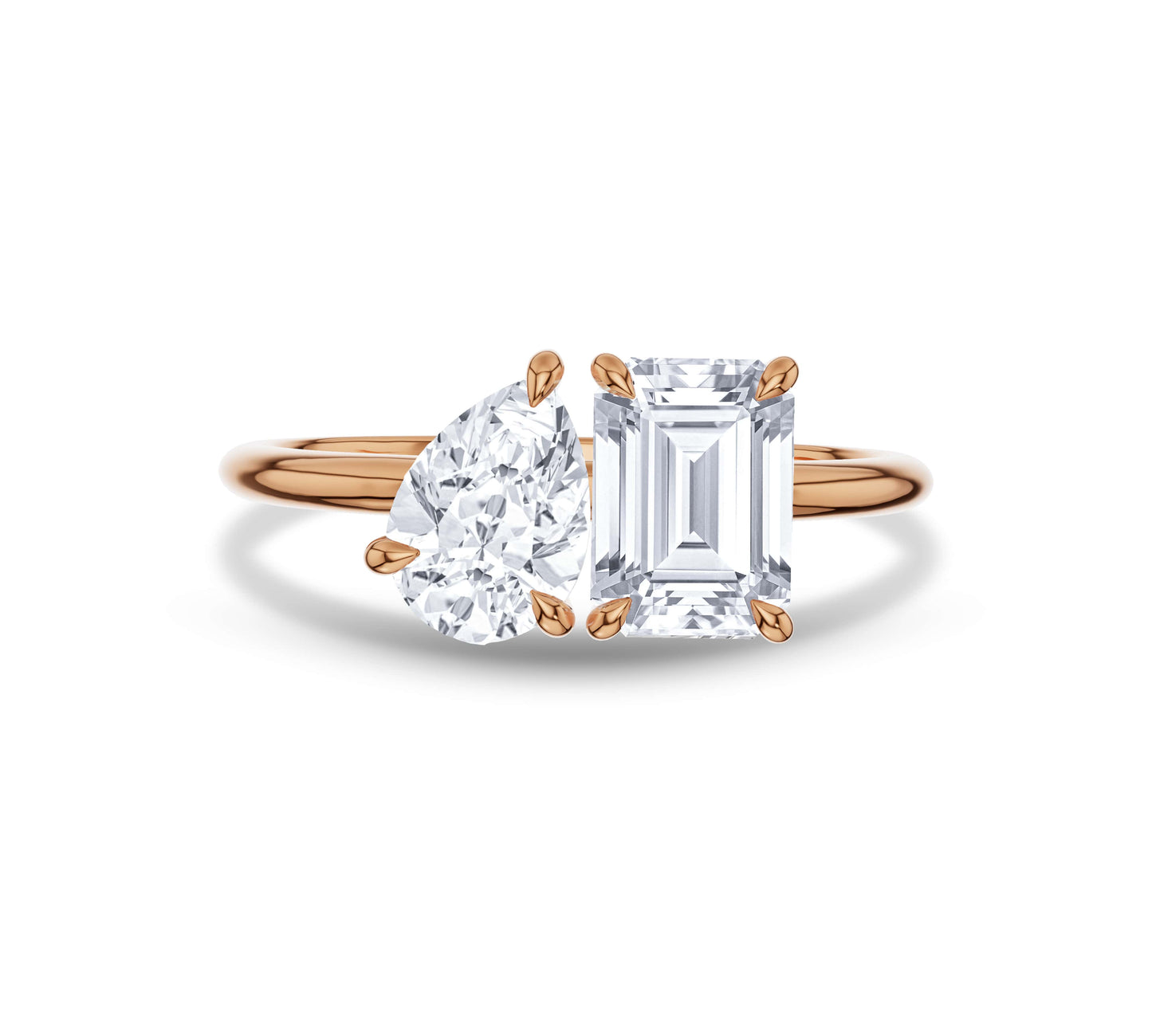 Rose gold pear and emerald lab diamond engagement ring