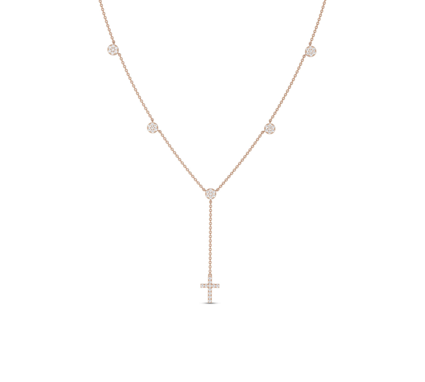 Rose gold cross drop lariat necklace with diamond accents