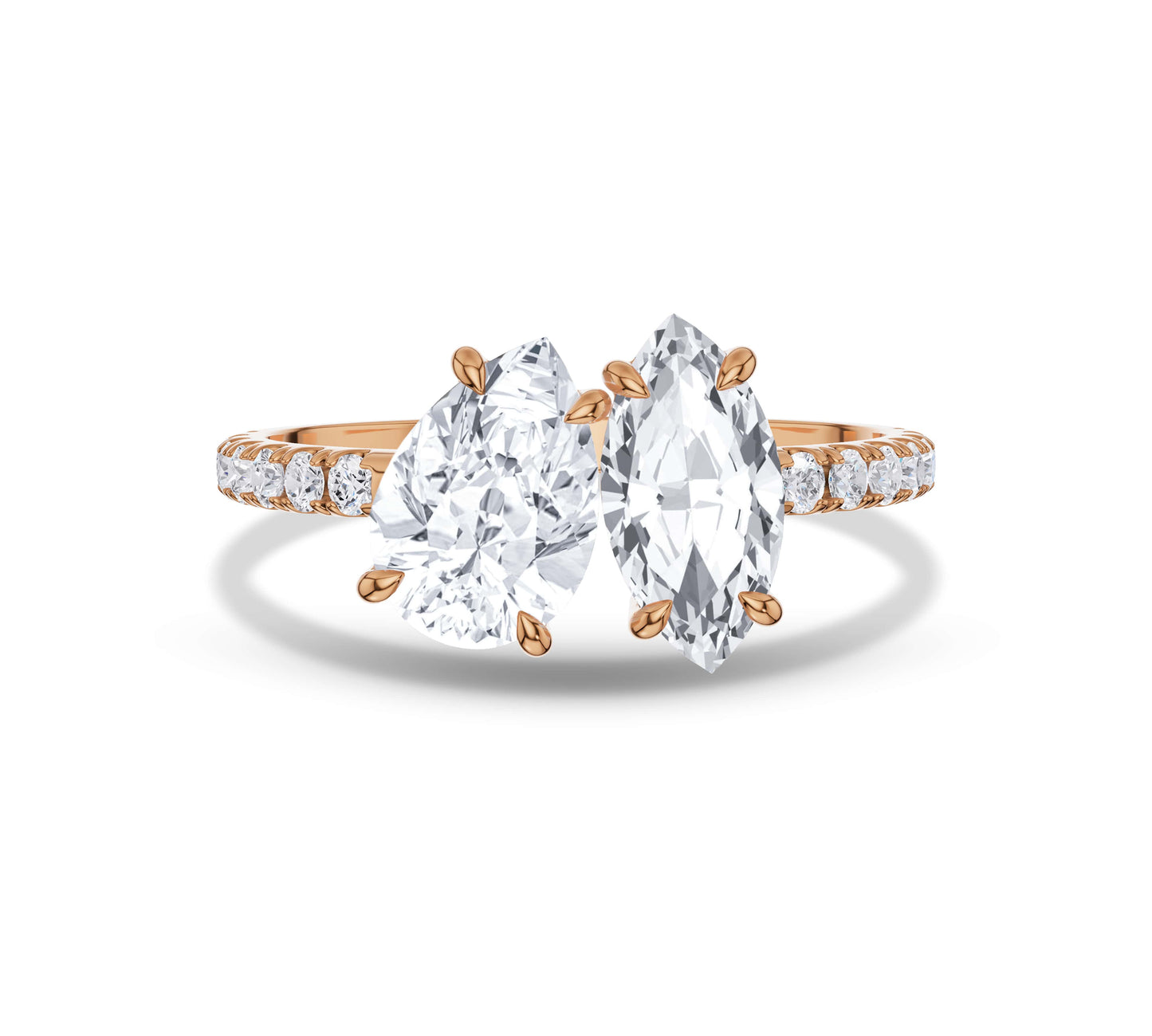 Rose gold pave ring with marquise and pear moissanite stones