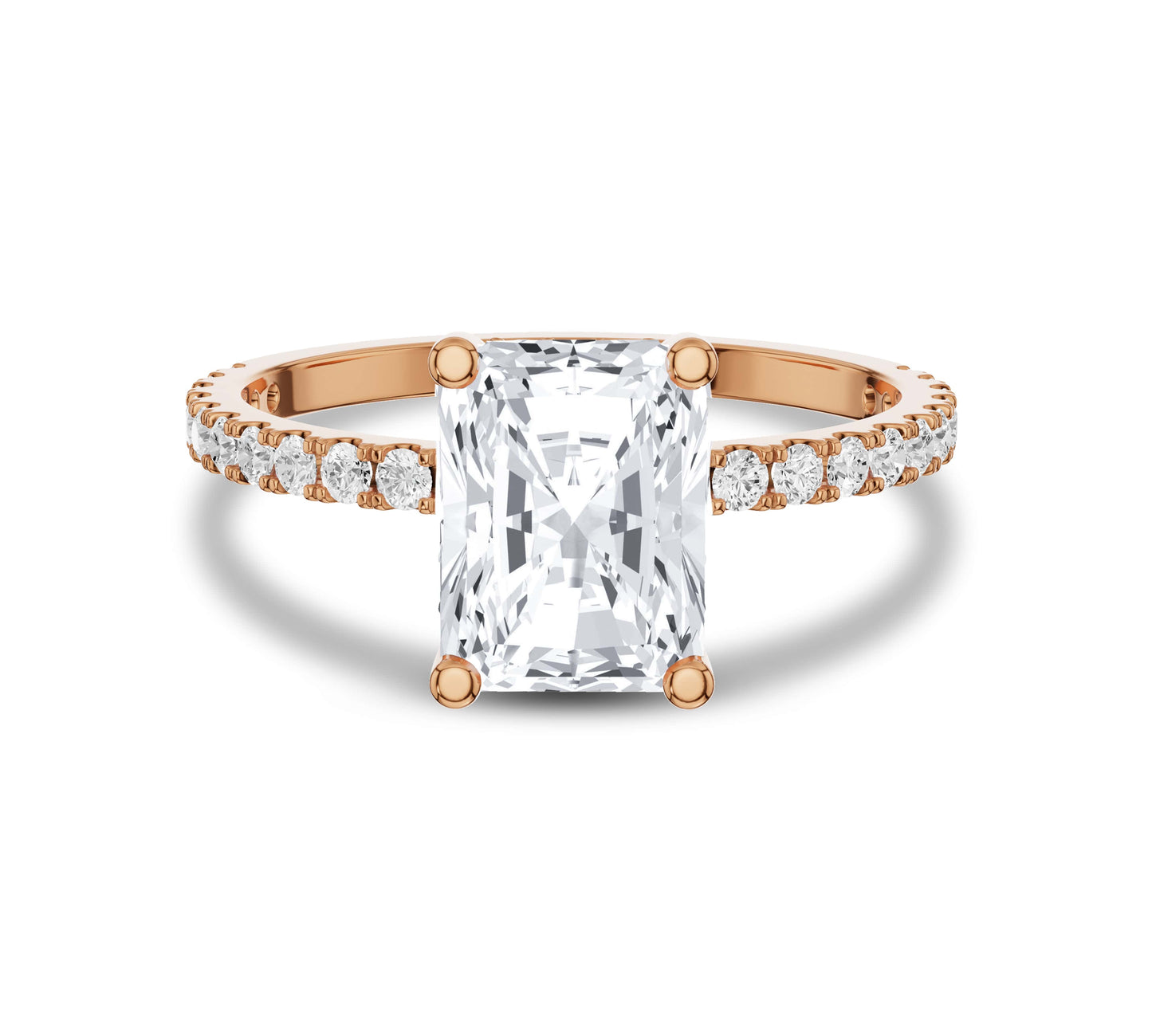 Radiant cut rose gold engagement ring with hidden halo detail