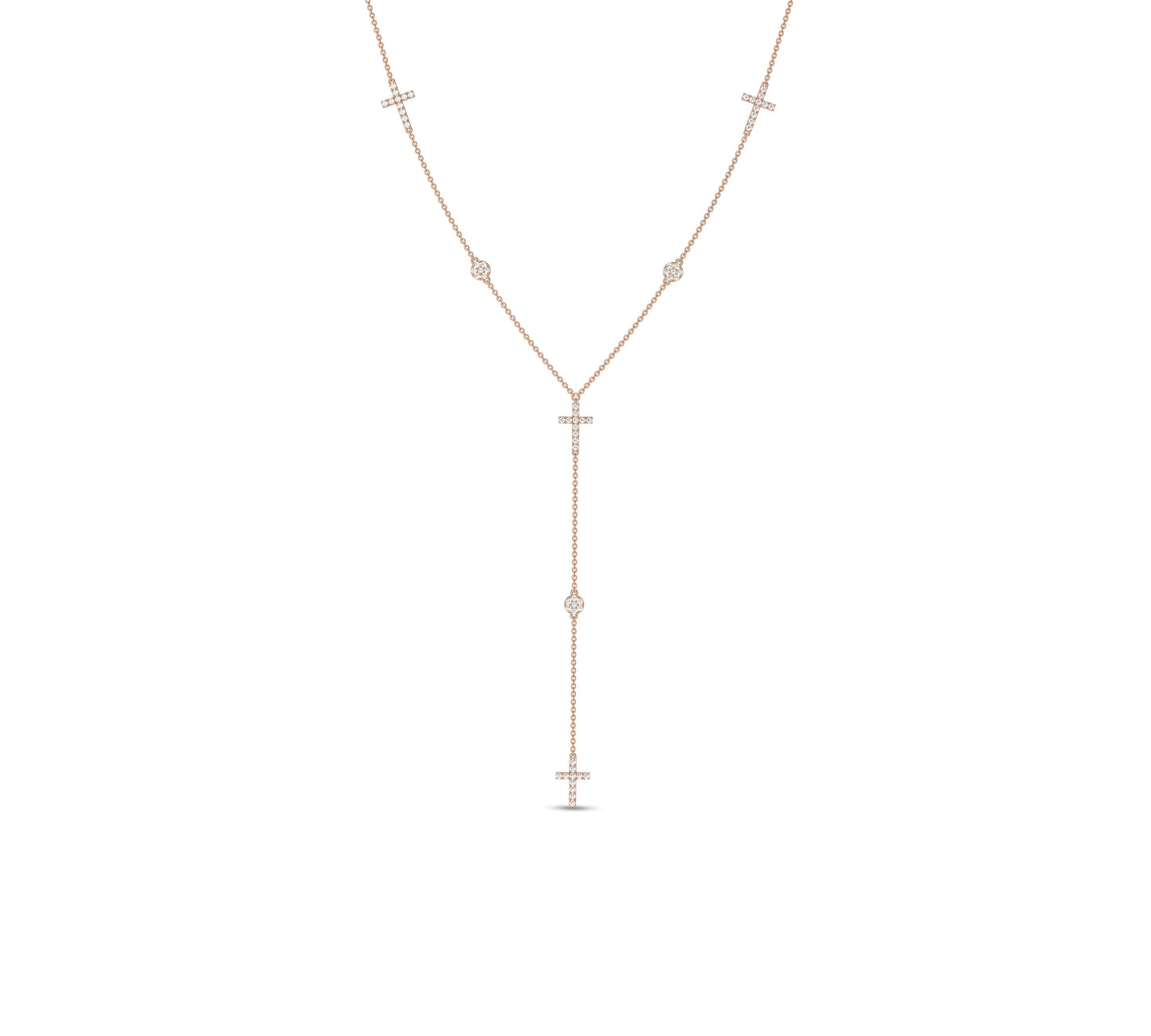 Rose gold lariat necklace with crosses and diamond charms