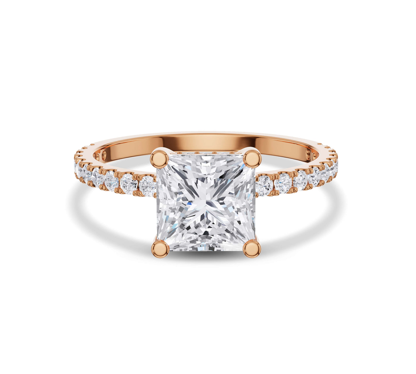 Rose gold princess cut engagement ring with pavé side