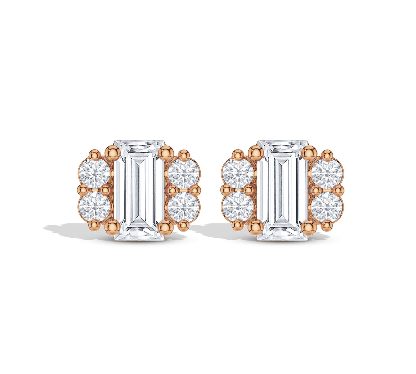 Baguette diamond stud earrings in rose gold setting