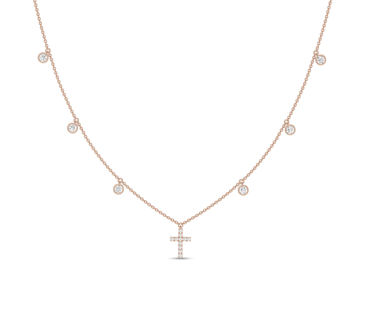 Rose gold necklace with diamond cross and bezel-set stones