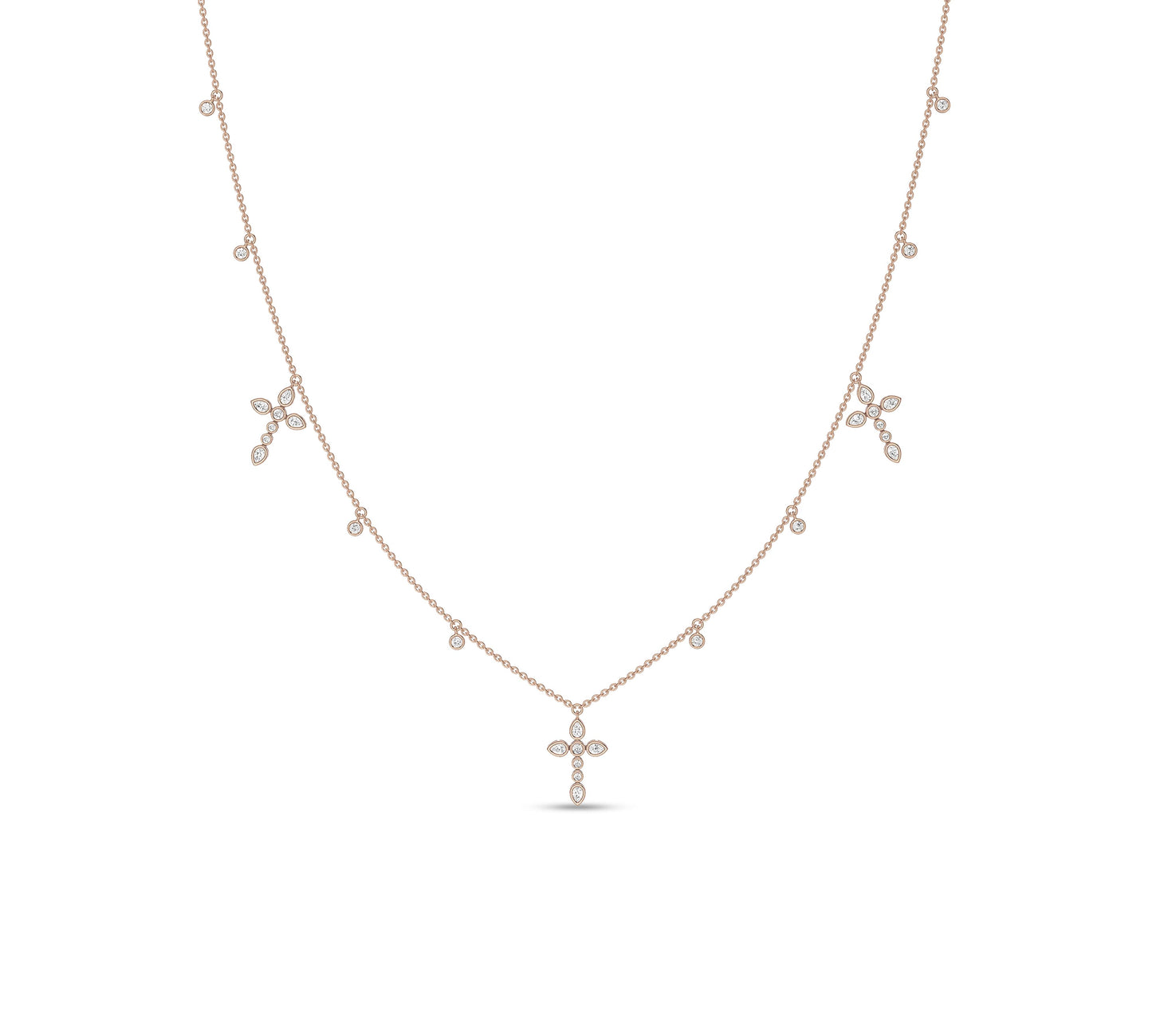 Rose gold cross necklace with pear-shaped diamonds