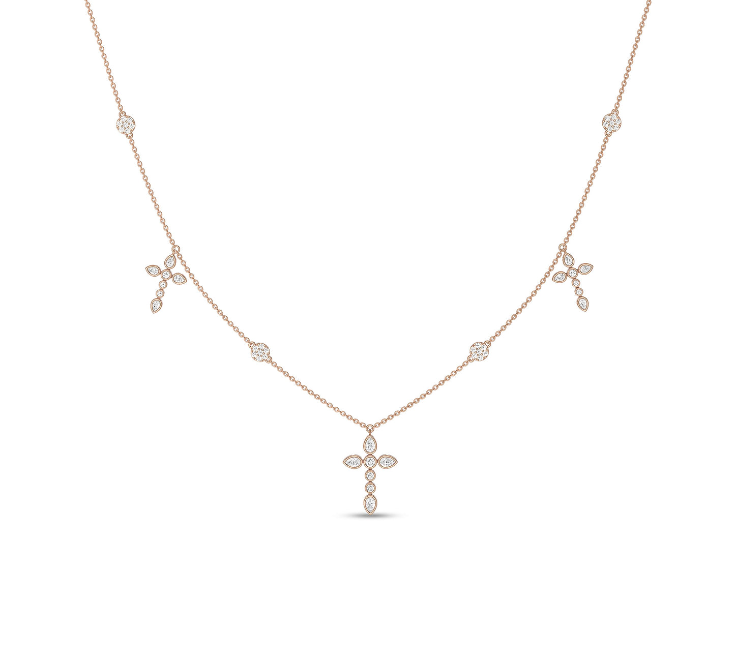 Rose gold necklace with marquise and round floral cross design