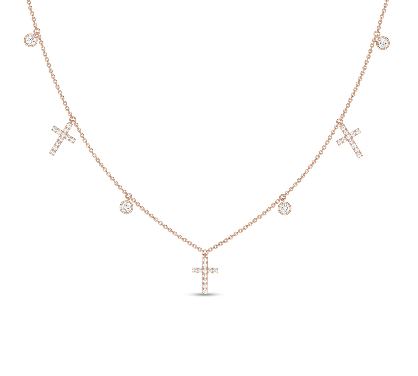 Rose gold cross drop necklace with bezel diamond accents