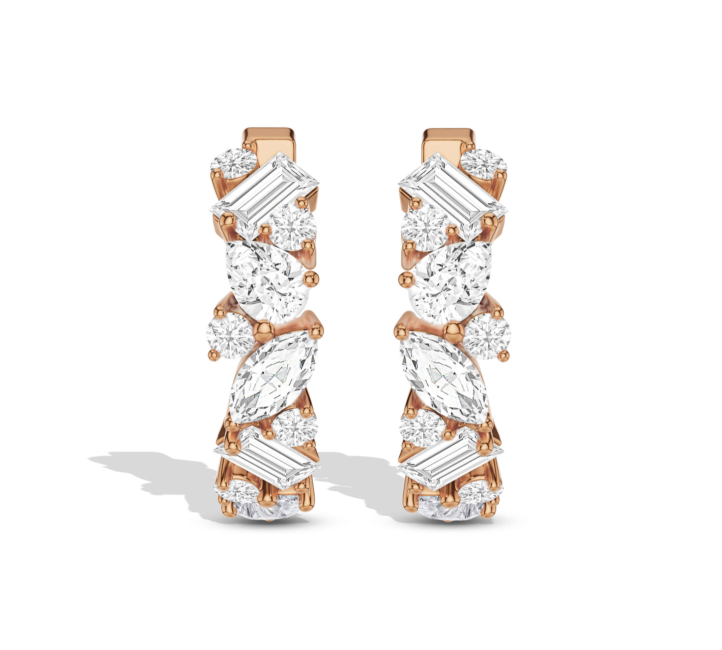 Gold earrings with baguette and round diamonds
