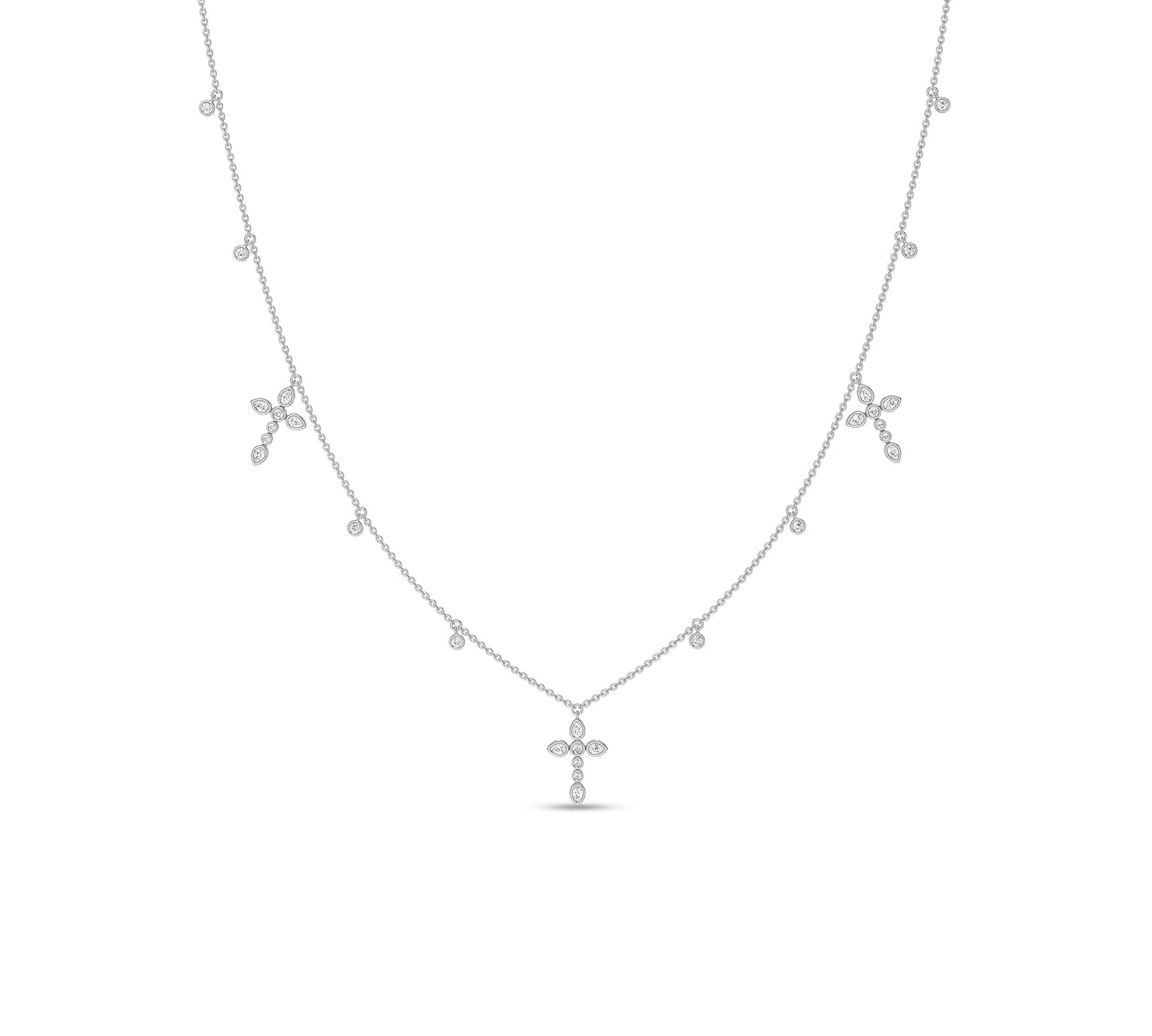 White gold diamond necklace with pear-shape and cross motifs