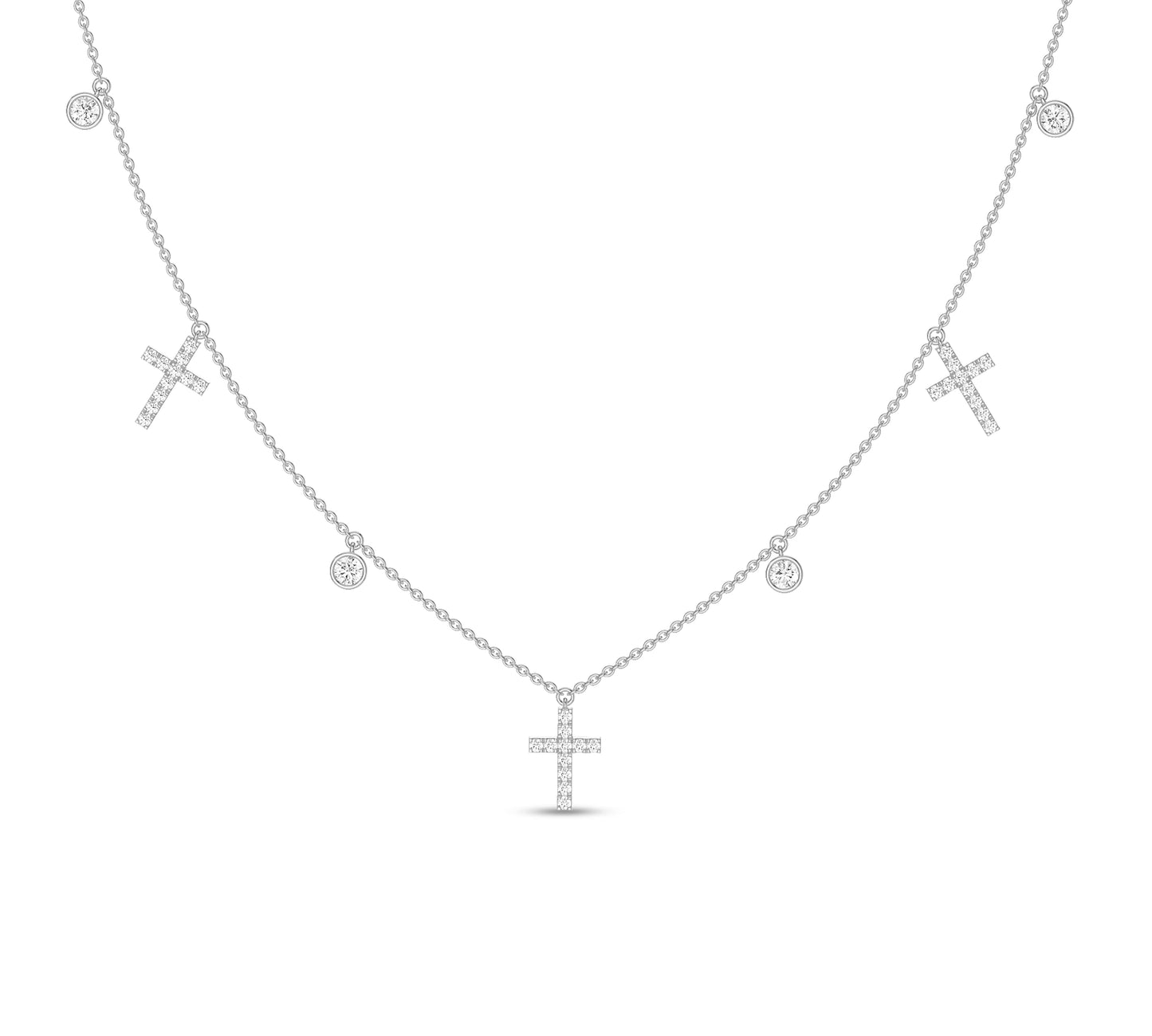 White gold cross charm necklace with bezel-set diamonds