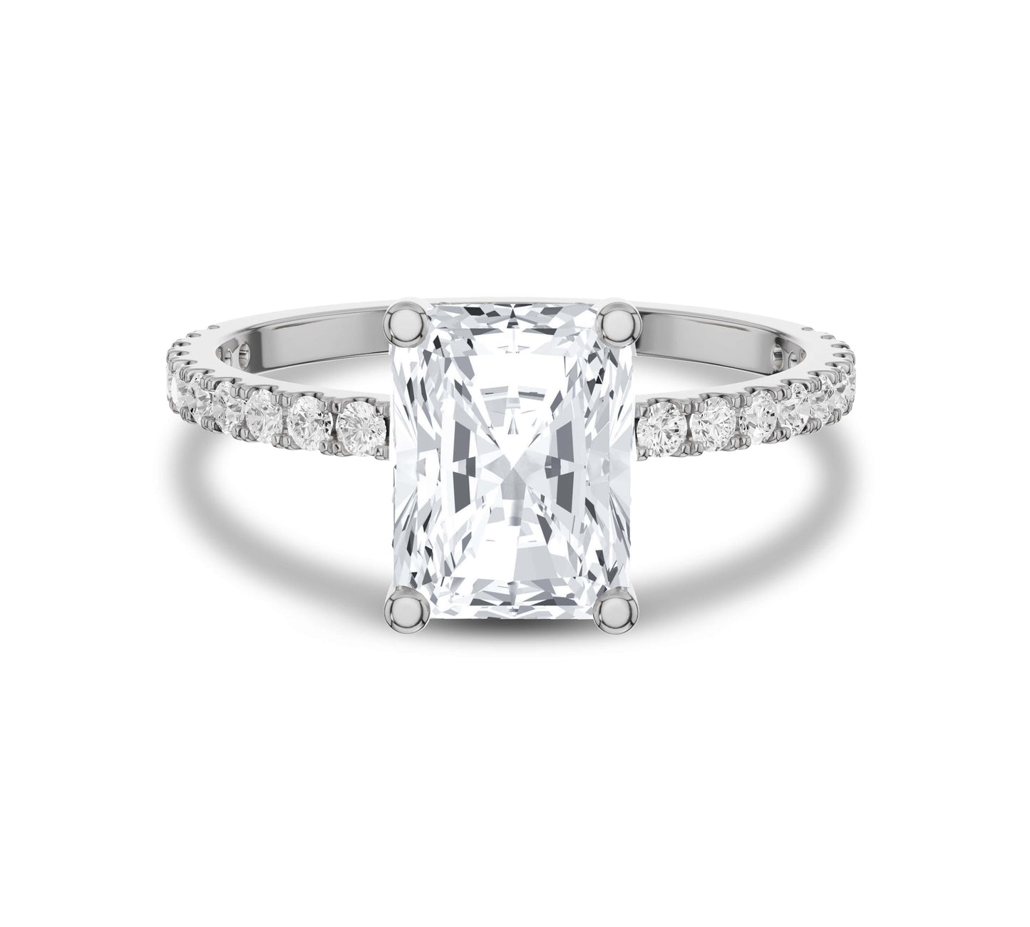 White gold radiant cut engagement ring with pavé diamonds