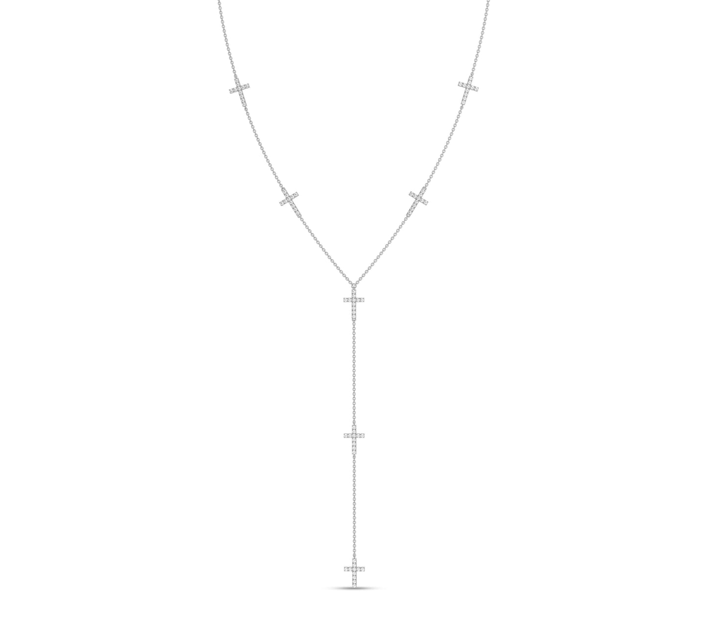 14K white gold layered lariat with diamond crosses