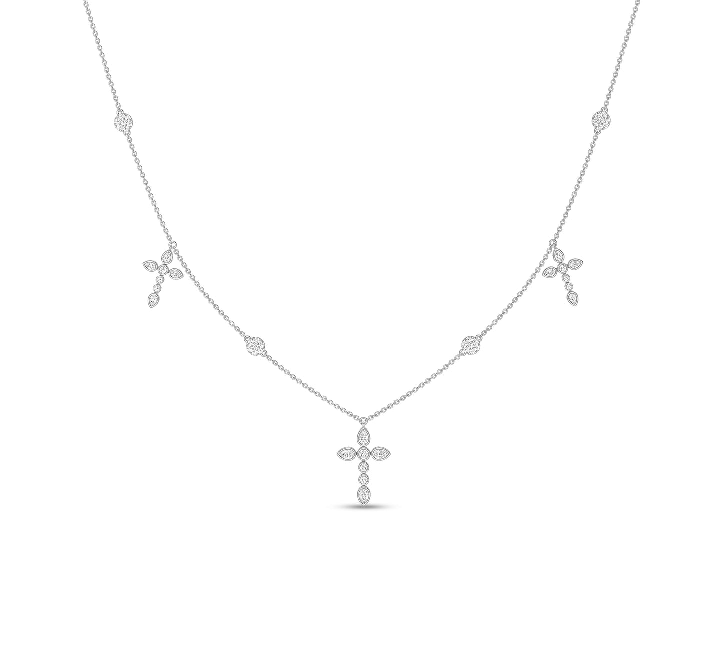 White gold necklace with floral diamond crosses and accents