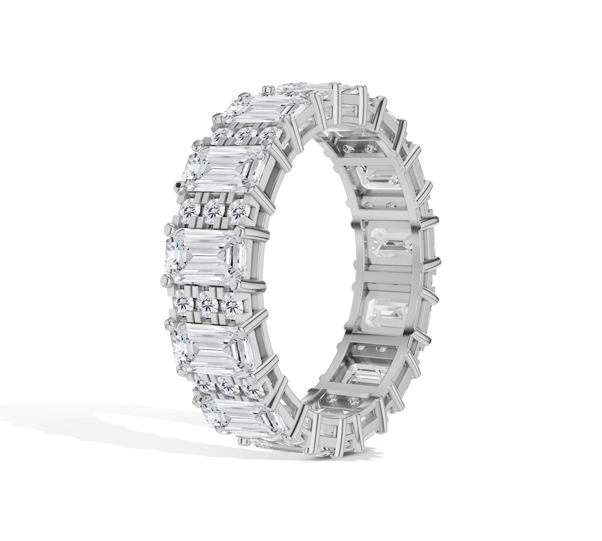 Sparkling full eternity band featuring emerald-cut diamonds in yellow gold
