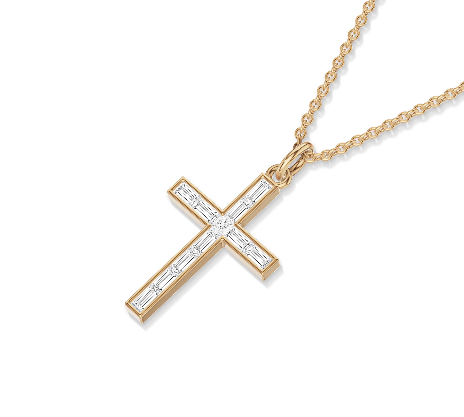 yellow gold baguette diamond cross necklace