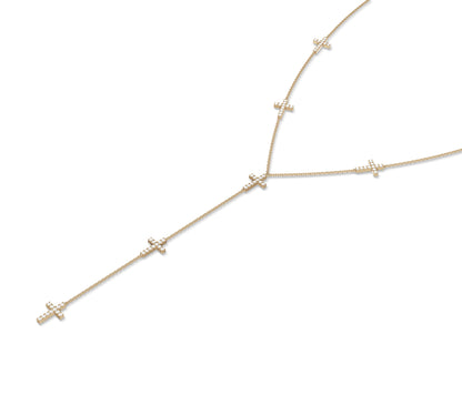 14K yellow gold long Y-shaped diamond cross necklace