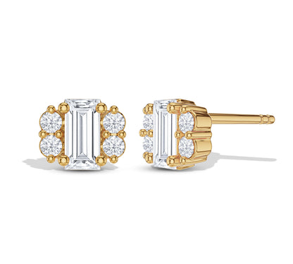 18K gold diamond stud earrings with baguette and rounds