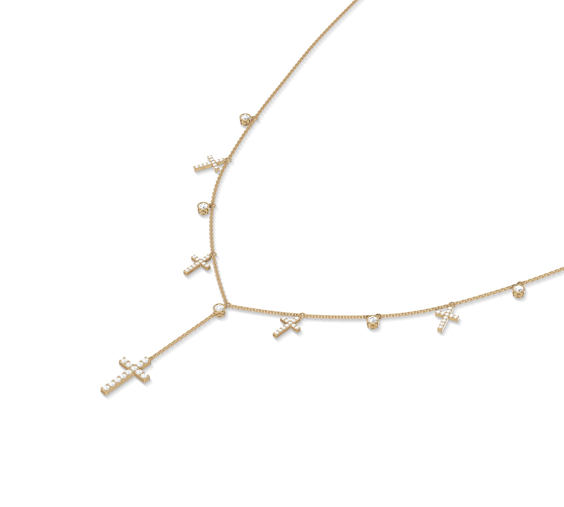 14K gold necklace with dangling cross and bezel diamonds
