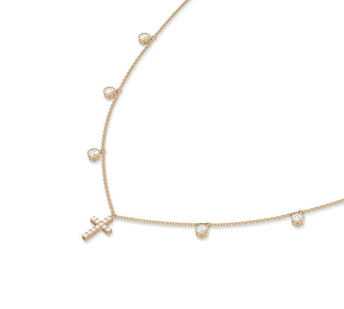 Bezel Diamond and Cross Drop Necklace in 14K Gold