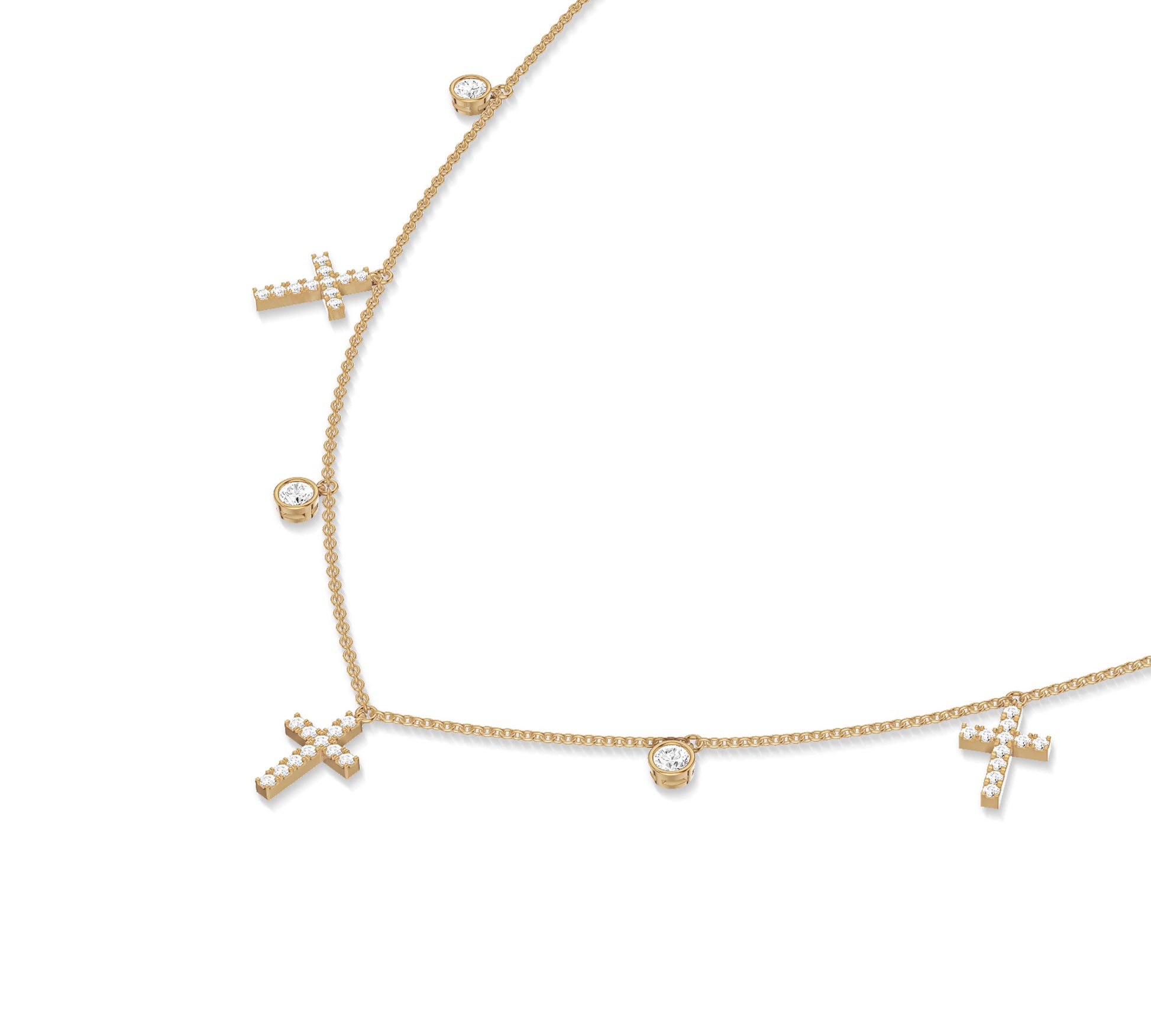 14K yellow gold layered necklace featuring diamond crosses and drops