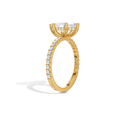14K yellow gold hidden halo ring with marquise lab diamond