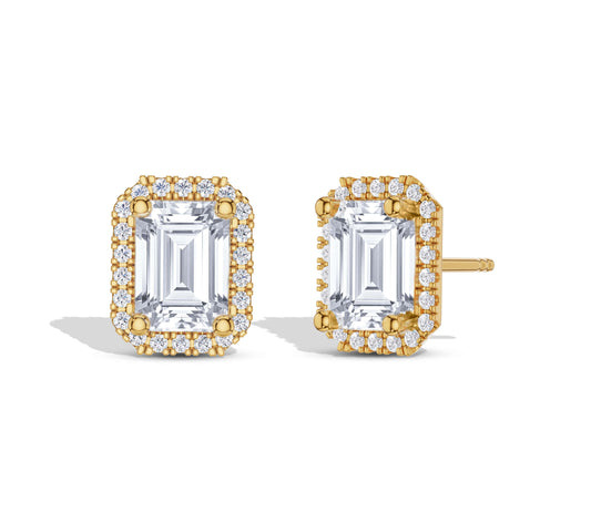 Halo diamond stud earrings with emerald cut center