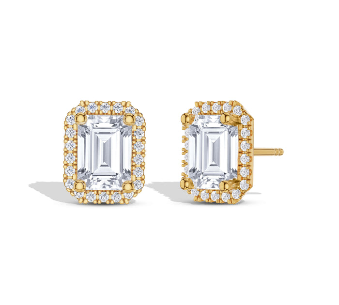 Emerald Cut Halo Diamond Stud Earrings