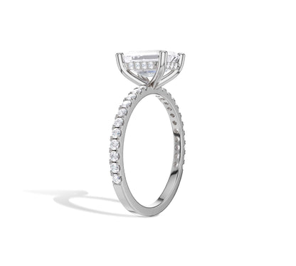 Emerald cut lab diamond in white gold pavé ring