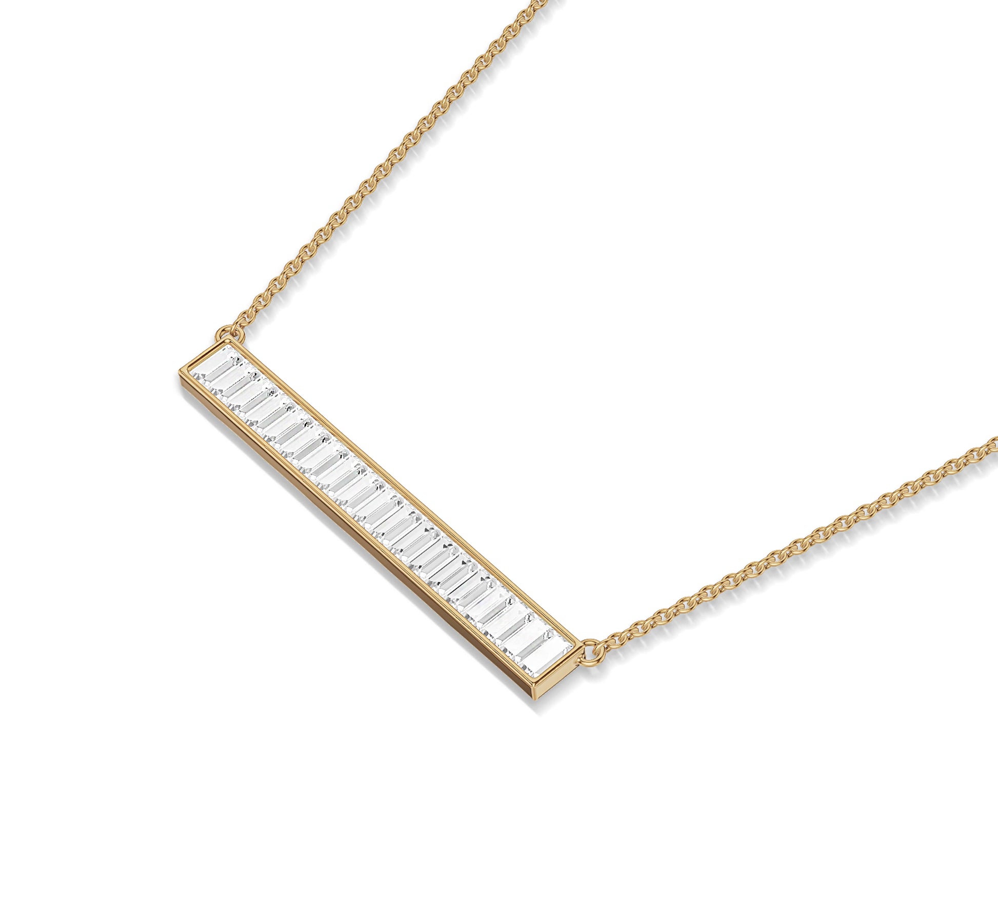 14K gold bar necklace with lab-created baguette diamonds