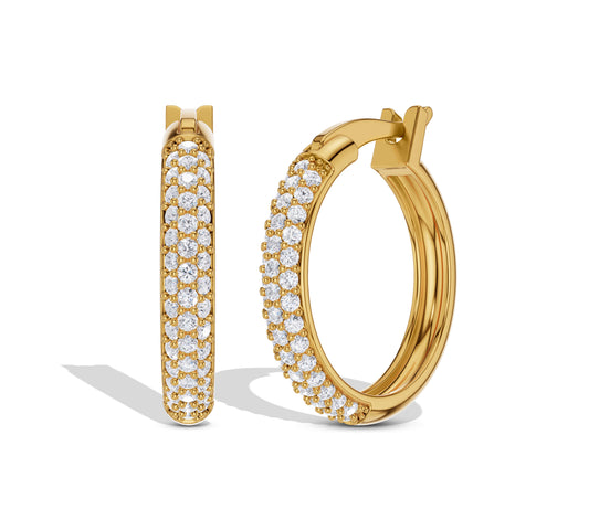 Gold hoop earrings with triple row diamonds