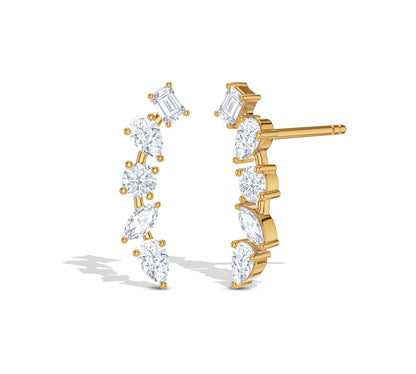 Front and side view of moissanite climber earrings