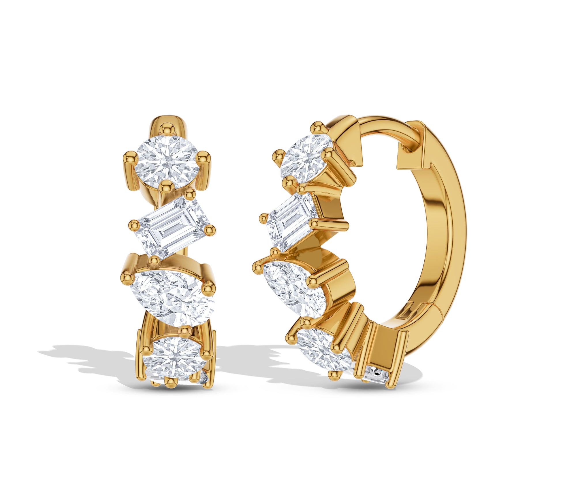 Multi-shaped moissanite earrings in yellow gold