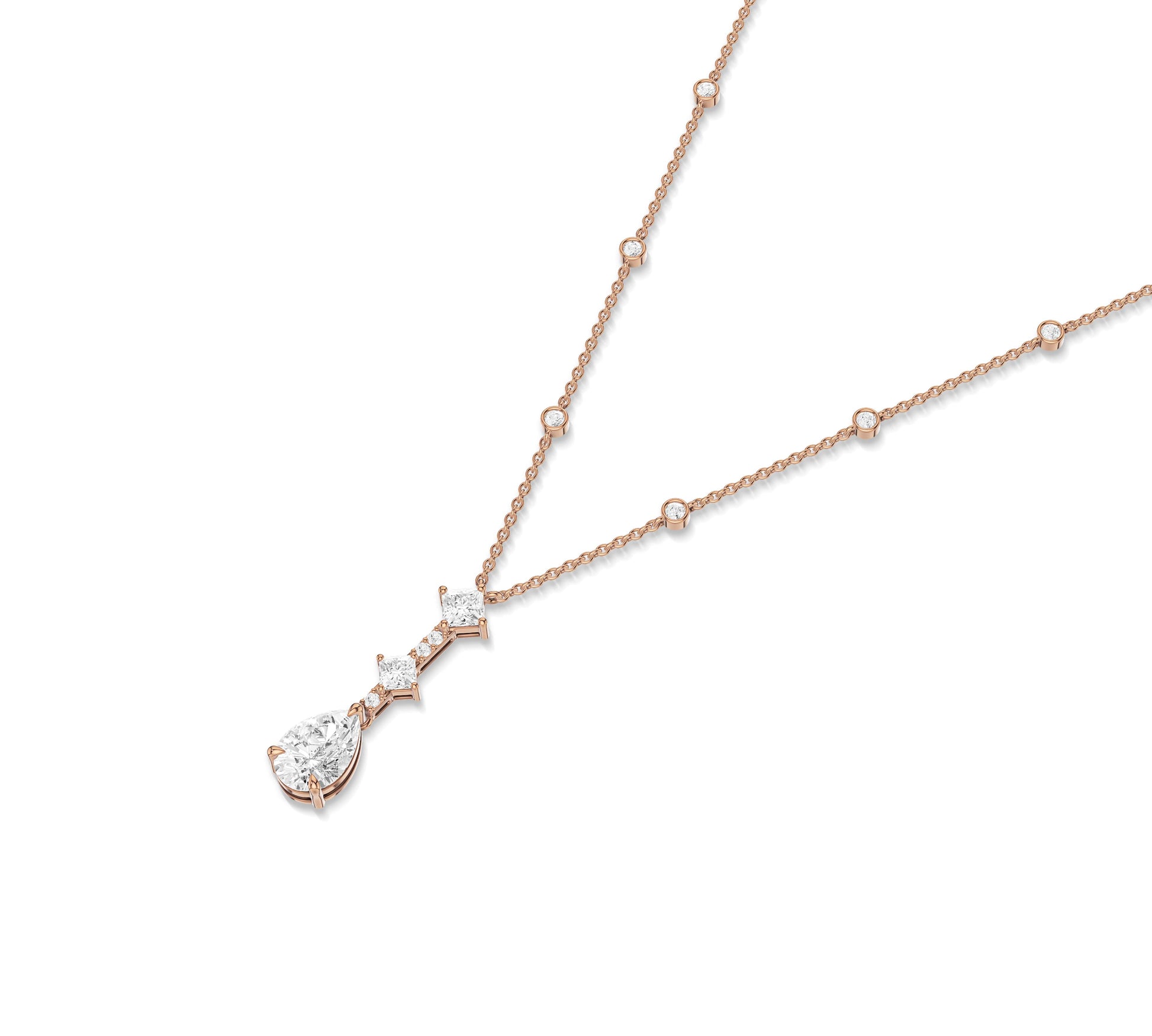 Stylish drop necklace with mixed cut diamonds